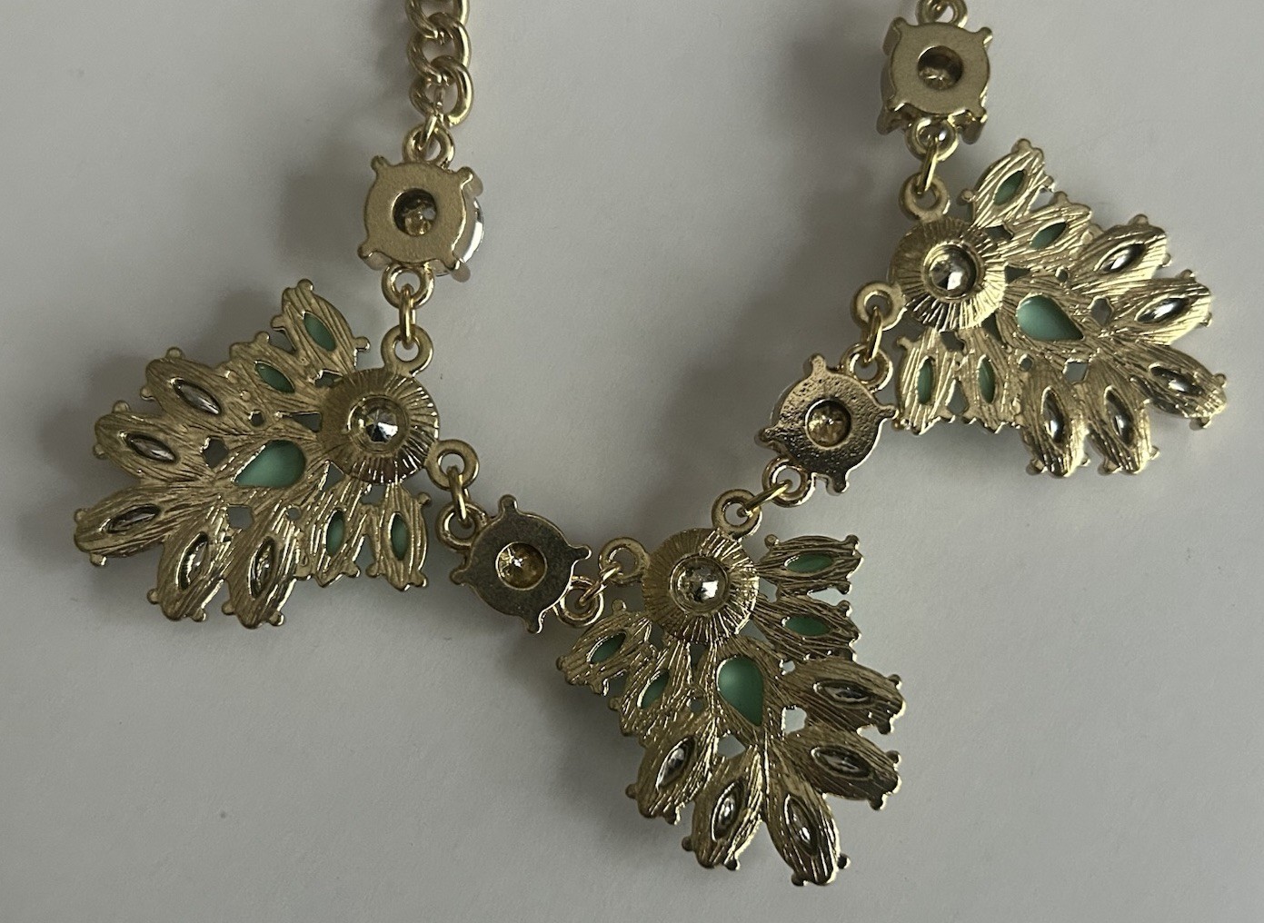Mint Green Rhinestone Statement Necklace Gold Tone Bib Clear Crystal Adjustable