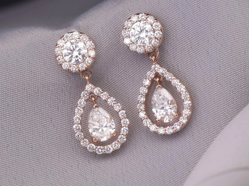 14k Rose Gold Plated In Pear Cut Simulated Diamond Women’s Pretty Drop Earrings