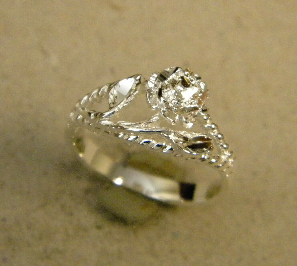 New Lady’s Women’s Girl Silver Plated Filigree Single Flower Rose Ring Size 7.5
