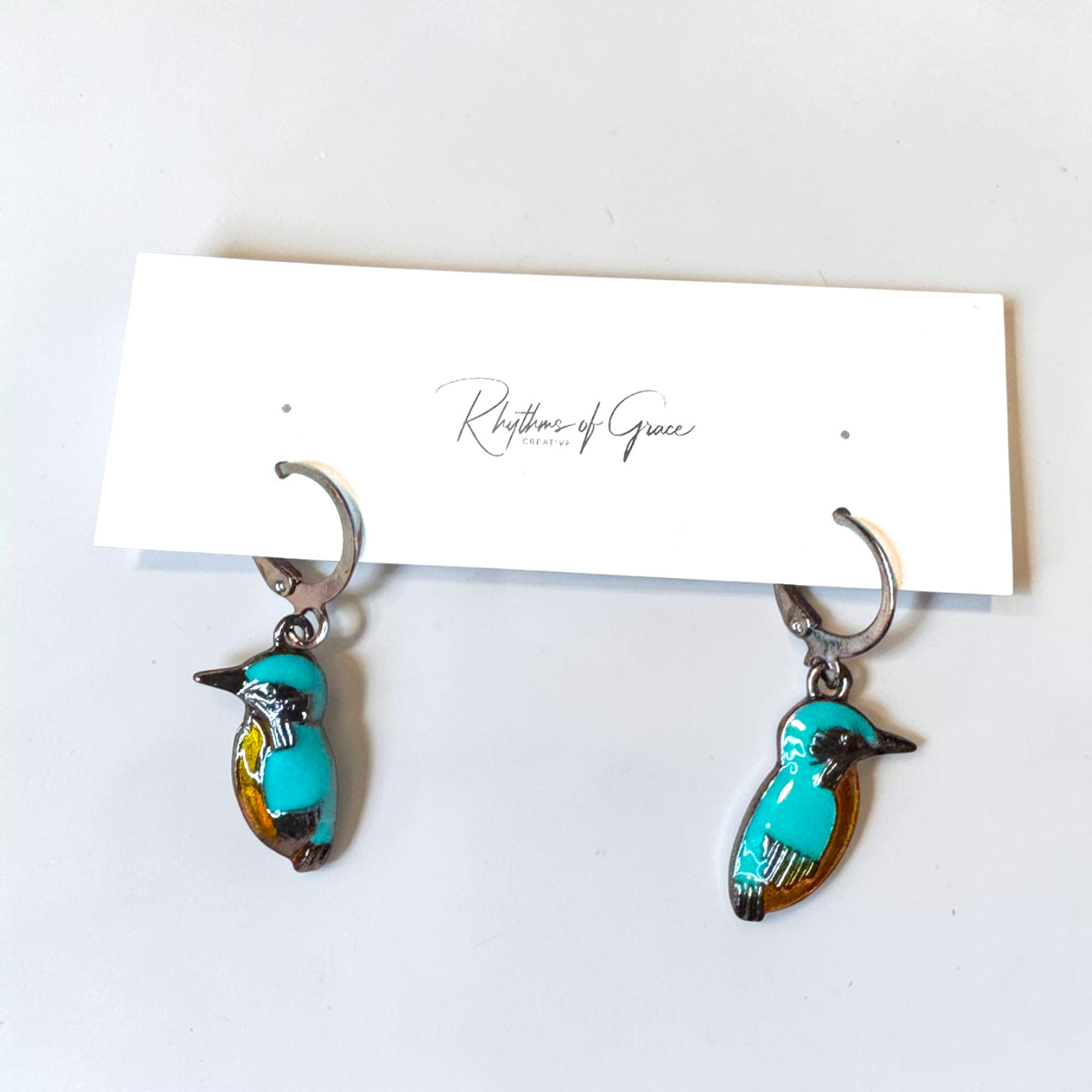 Kingfisher Bird Hoop Earrings Turquoise Enamel Silver Tone Cute Nature Wildlife
