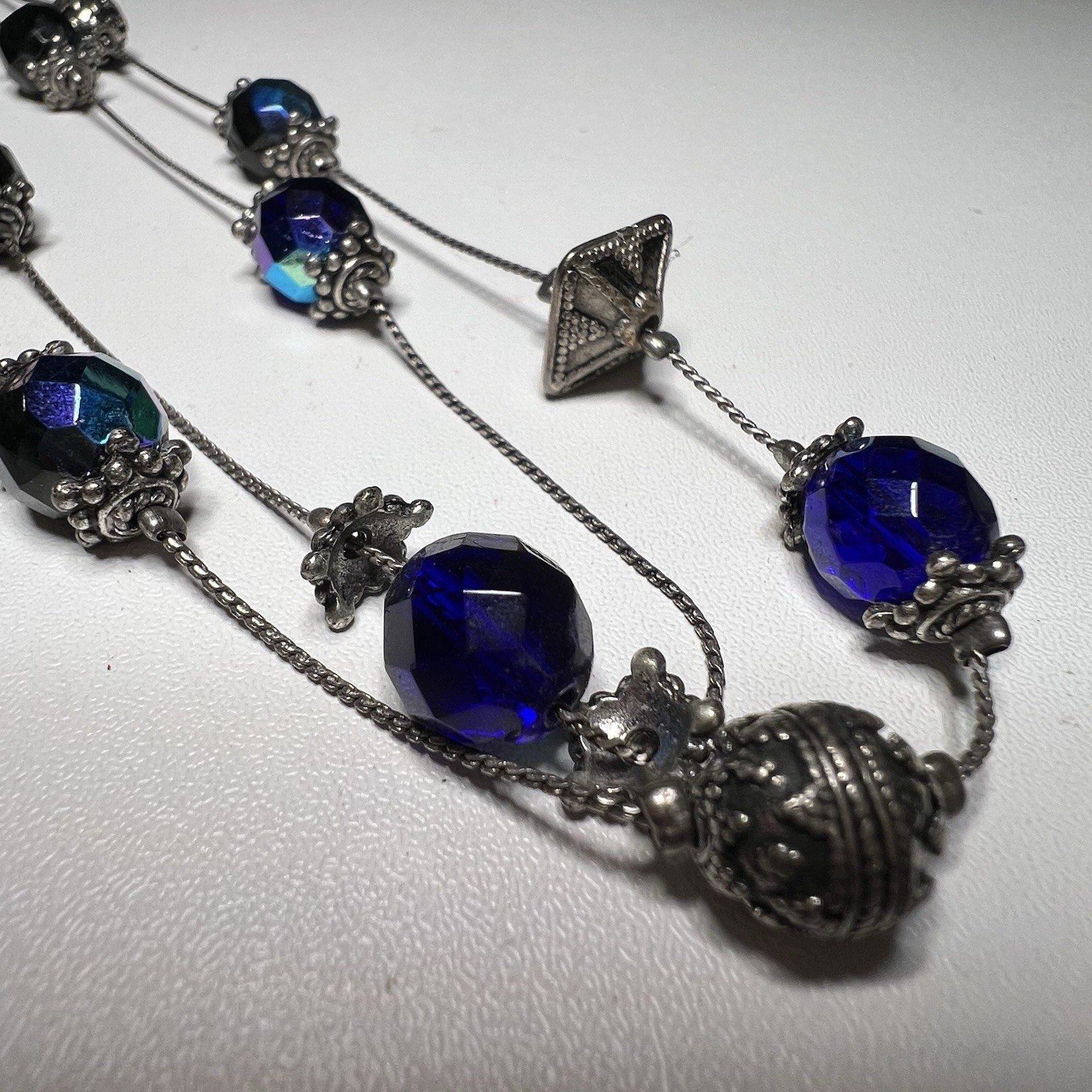 Chico’s Blue Stone Silver Tone Bead Necklace 3 Strand 18″ Long 2.5″ Extender
