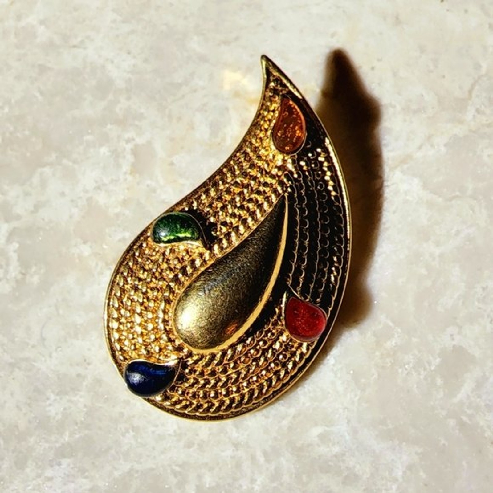 Vintage Avon Gold Paisley colorful gemstone brooch
