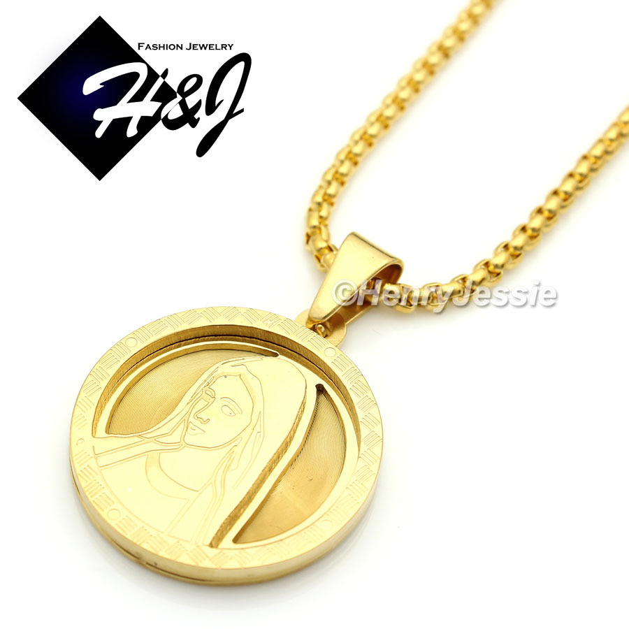 24″MEN Stainless Steel 2mm Gold Plated Box Link Chain VIRGIN MARY Pendant*GP54