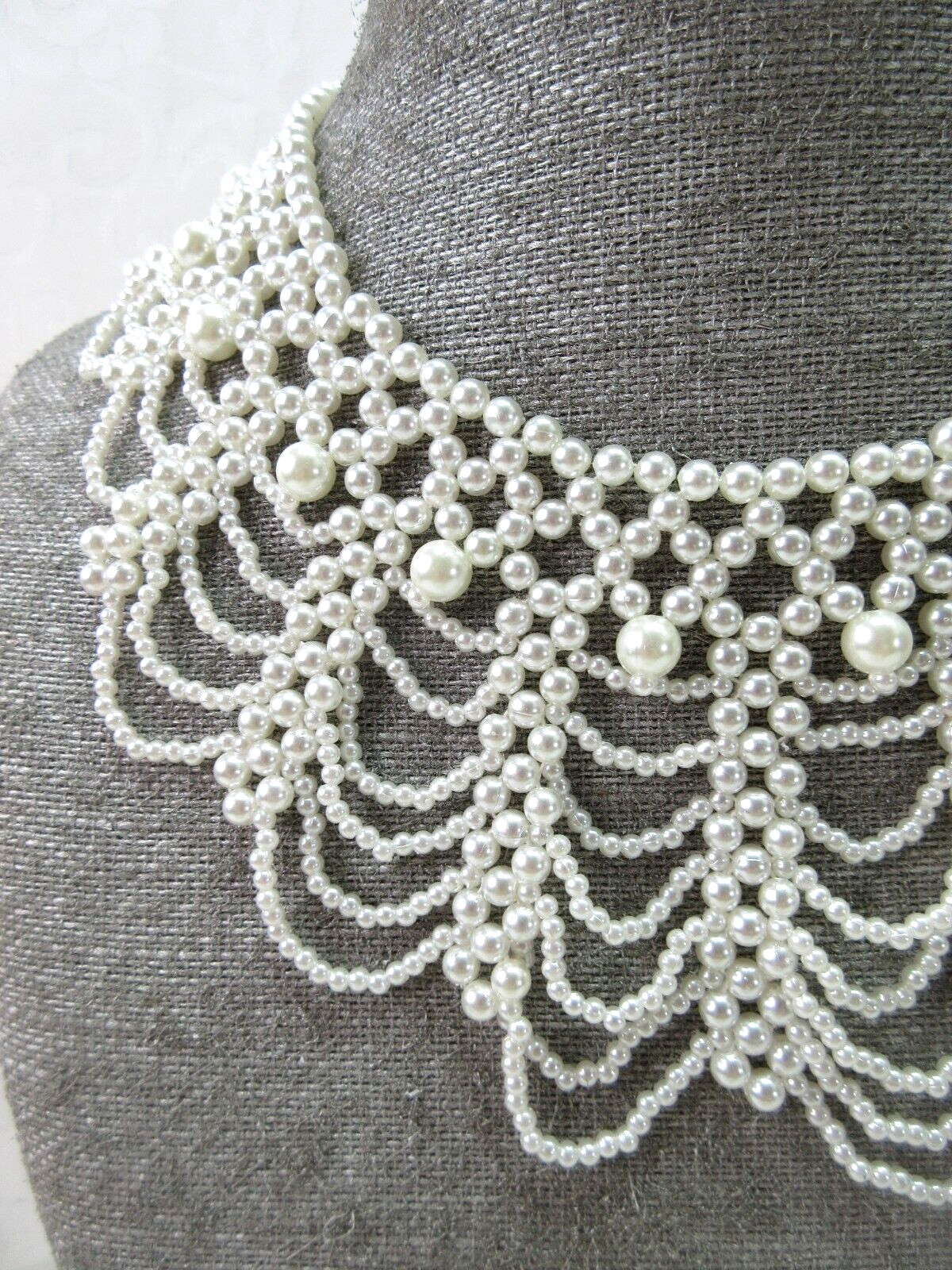 Pearl Collar Necklace Choker Victorian Lace Scalloped Wide Bib Off White PRETTY