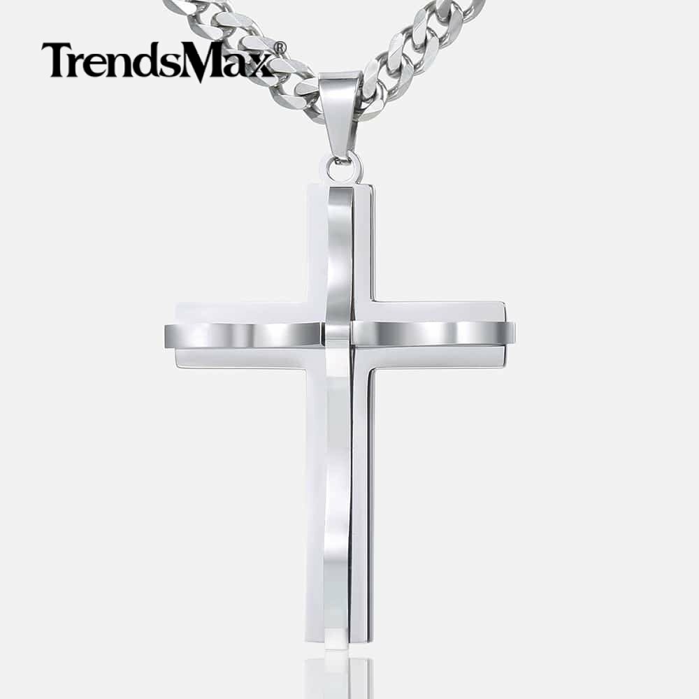 Mens Cross Charm Pendant Necklace Curb Cuban Stainless Steel Chain 5mm 18-24”