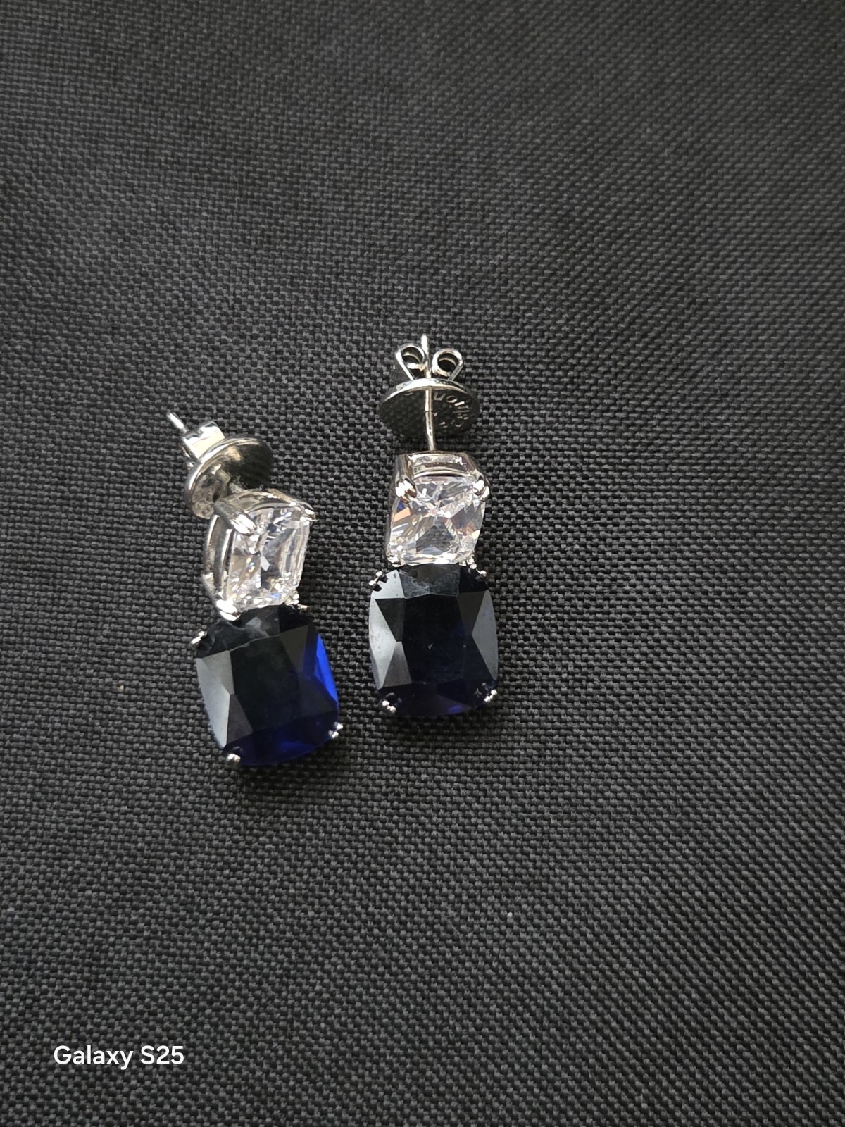 womens Earrings Dangle/Drop Stud Blue & Clear CZ Cushion Silver Tone Butterfly