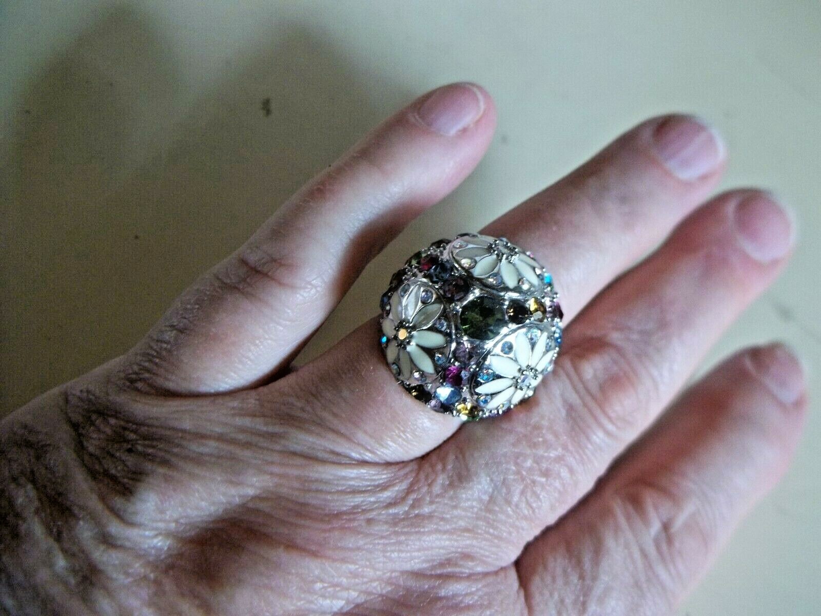Floral Mound Crystals Enamelware Sterling Silver Woman’s Size 7 Statement Ring