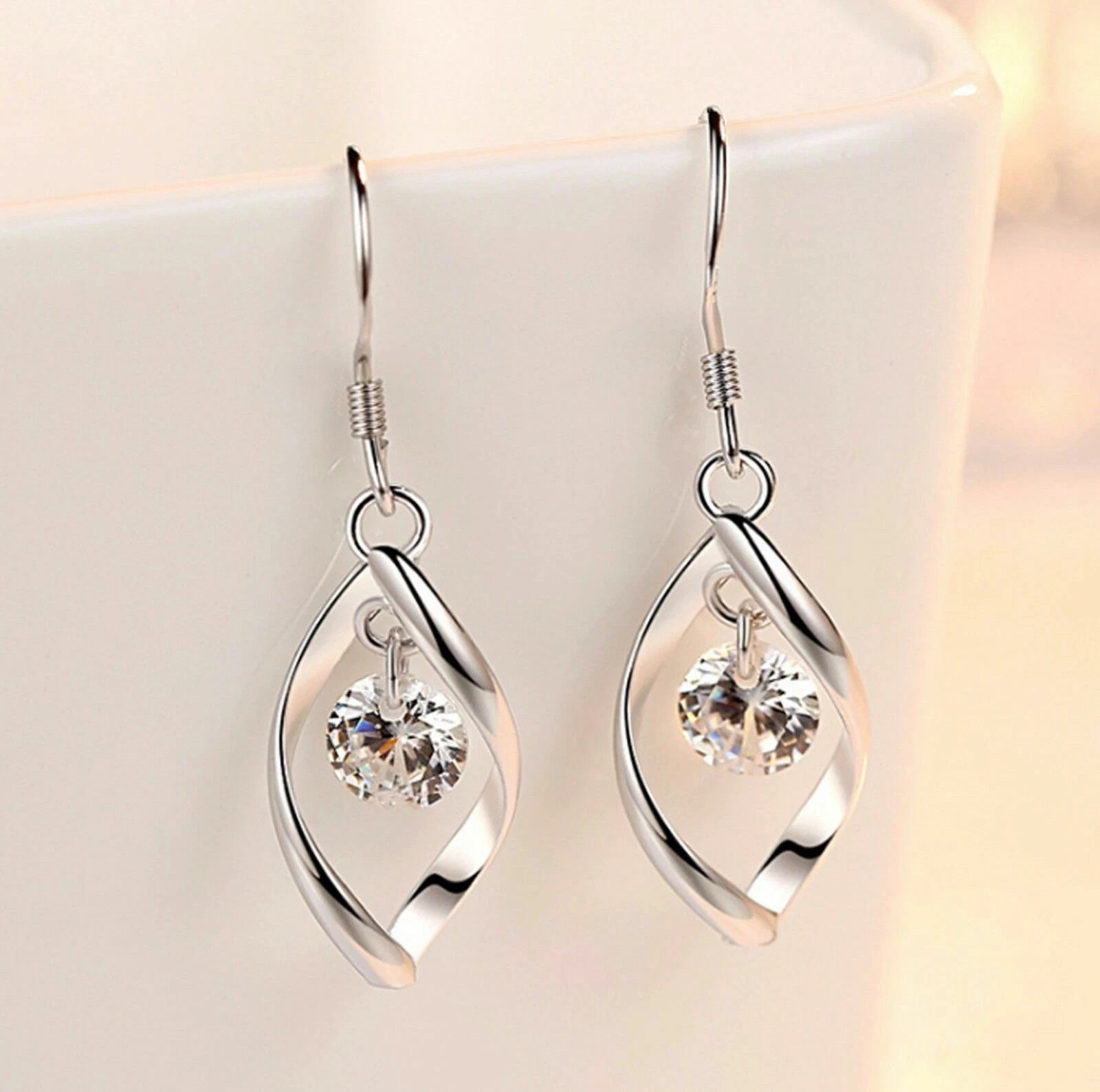 Women 925 Sterling Silver Plated CZ Teardrop Drop Dangle Earrings