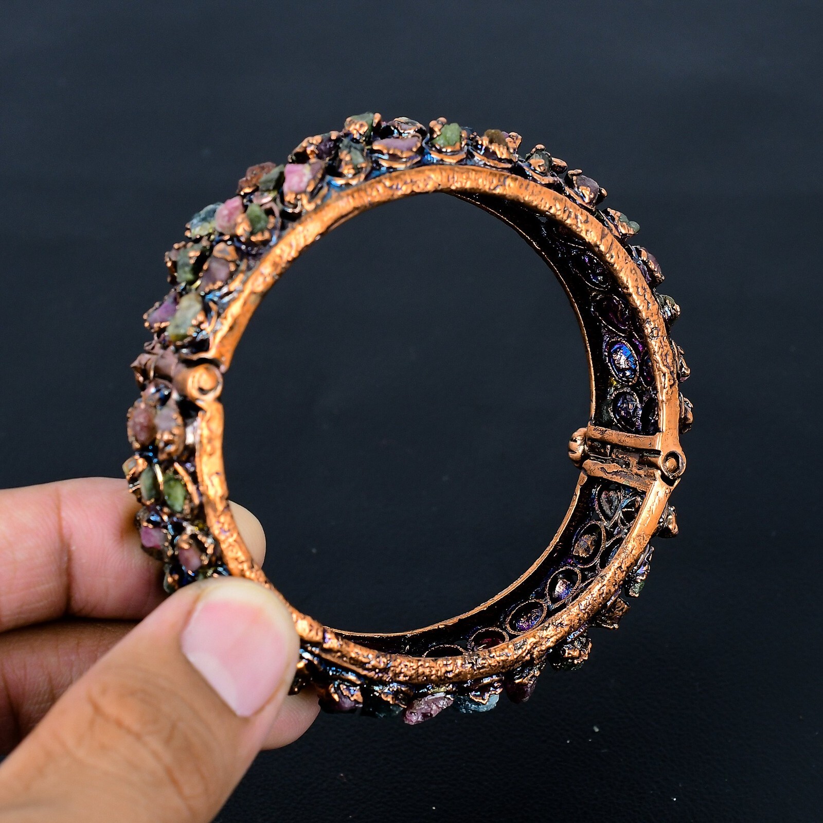 Multi-Tourmaline Balancing Gemstones Copper Wire Wrap Handmade Bangle Jewelry