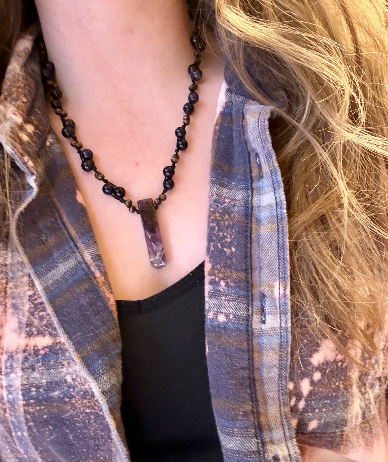 Amethyst Pendant w/ Blue Goldstone Crystal Necklace. USA Artisan ElyriesEmbers