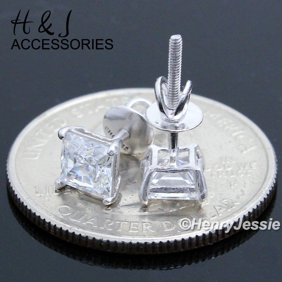 925 STERLING SILVER 5MM CLEAR SQUARE ICY BLING CZ SCREW BACK STUD EARRING*E93