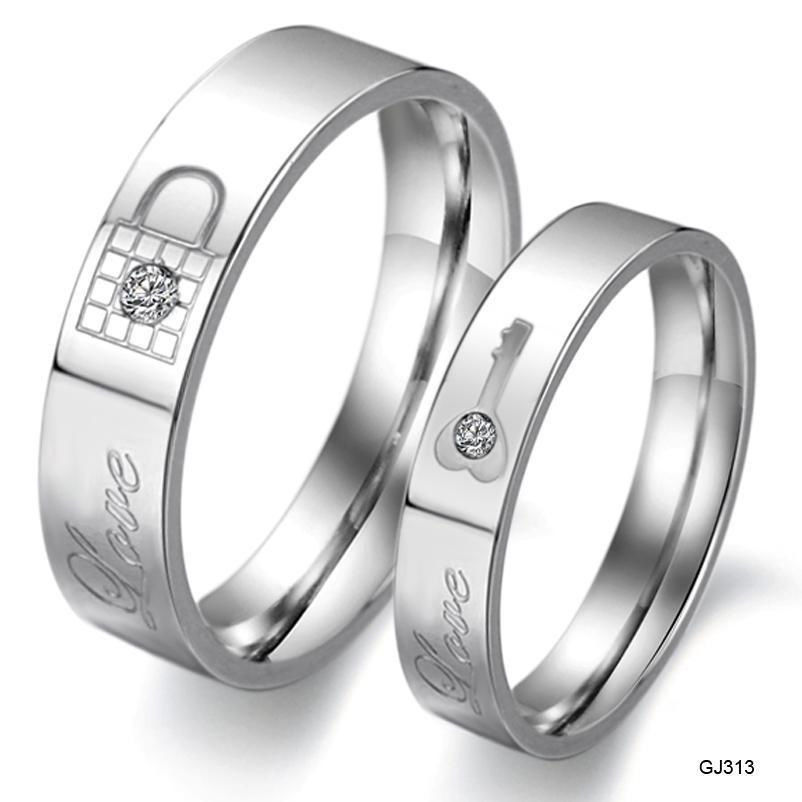 Titanium Stainless Steel CZ Love Lock & Key Promise Ring Couple Wedding Gift
