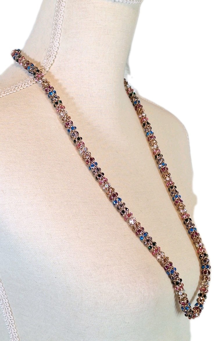 NWOT BETSEY JOHNSON Signed Funfetti Mesh Rainbow Crystals GoldTone Rope Necklace