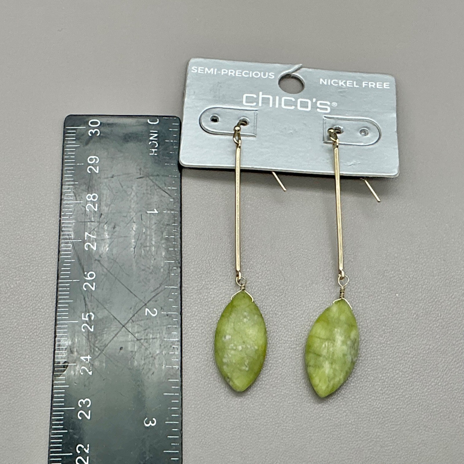 Chico’s Earrings Women Gold Tone Green Semi Precious Stone Dangle 2.75 Inch
