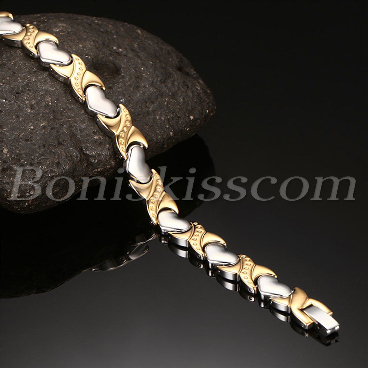 Silver Gold Tone Stainless Steel Charm Heart Magnetic Womens Bracelet Chain Link