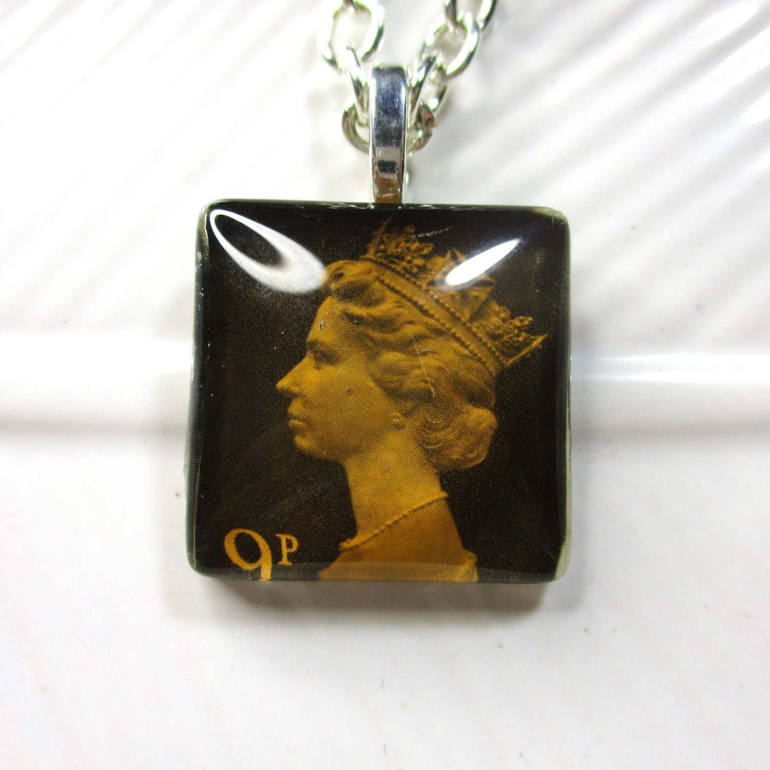 Handmade Authentic Postmarked Queen Elizabeth Postage Stamp Glass Tile Necklace