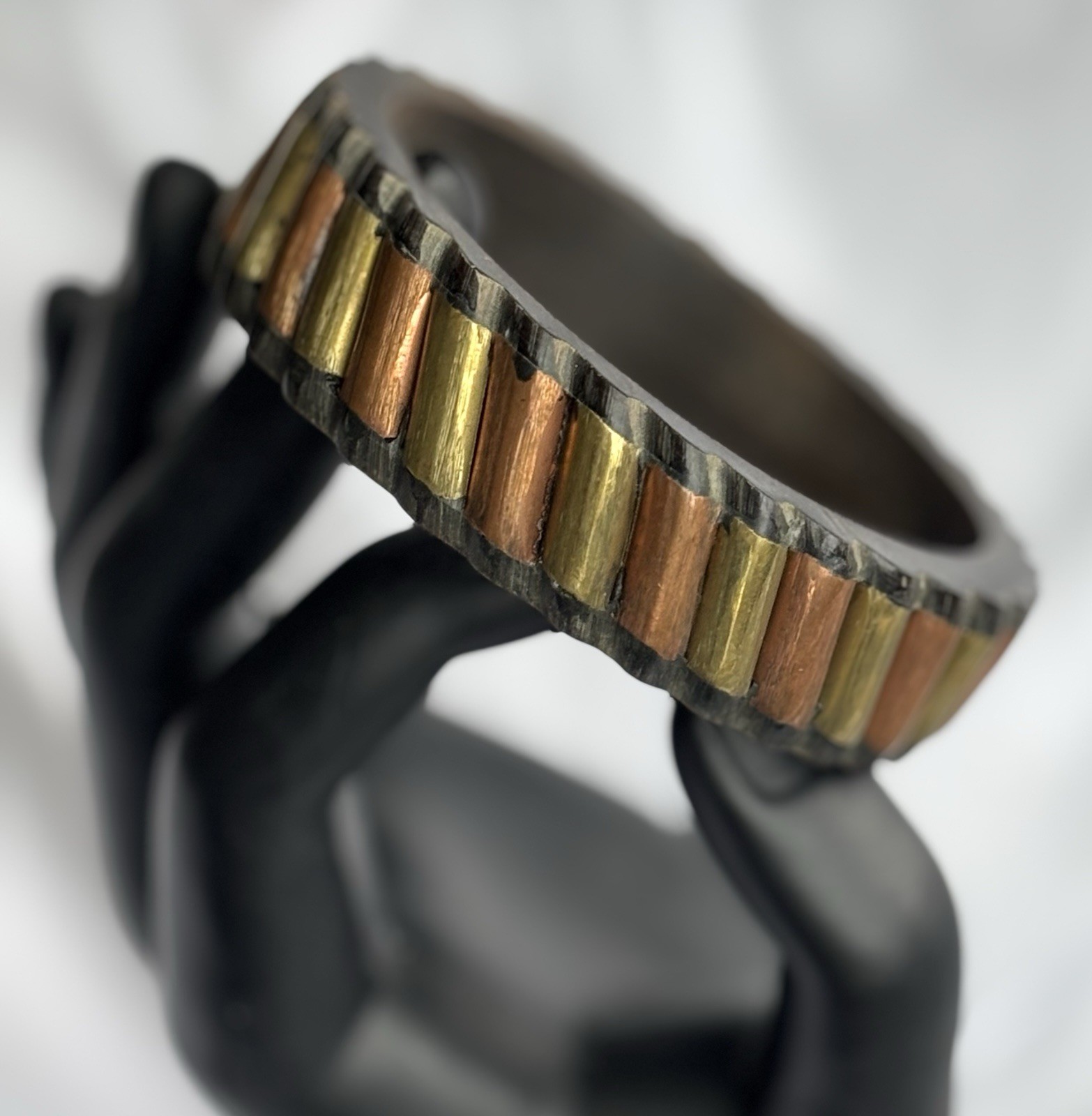 Wood Bangle Copper Brass Metallic Design 2.5” Opening Bracelet Boho Casual