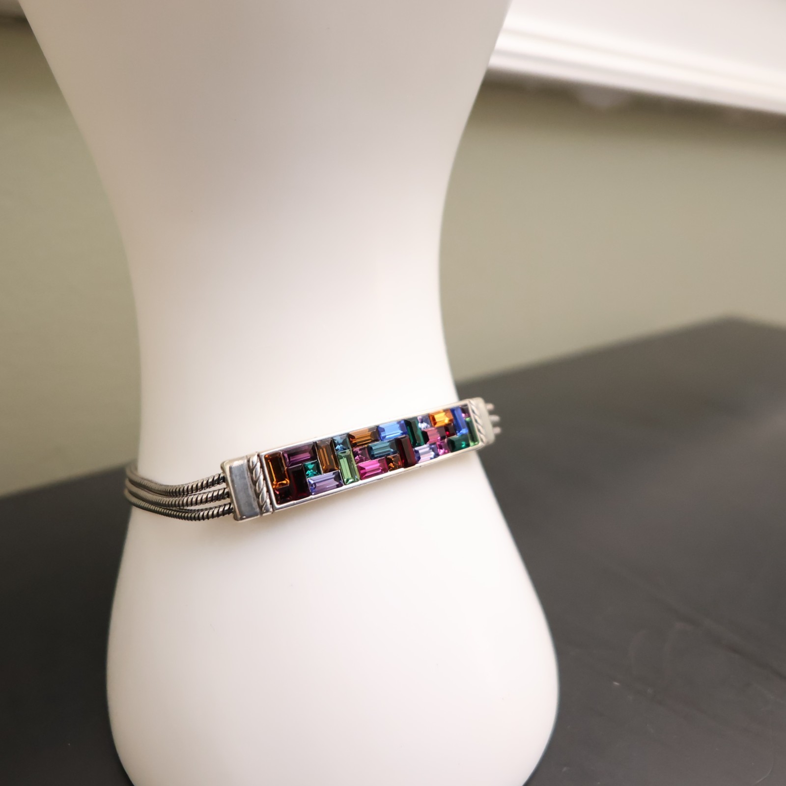 Brighton bracelet rainbow bar crystals silver plated signed adjustable