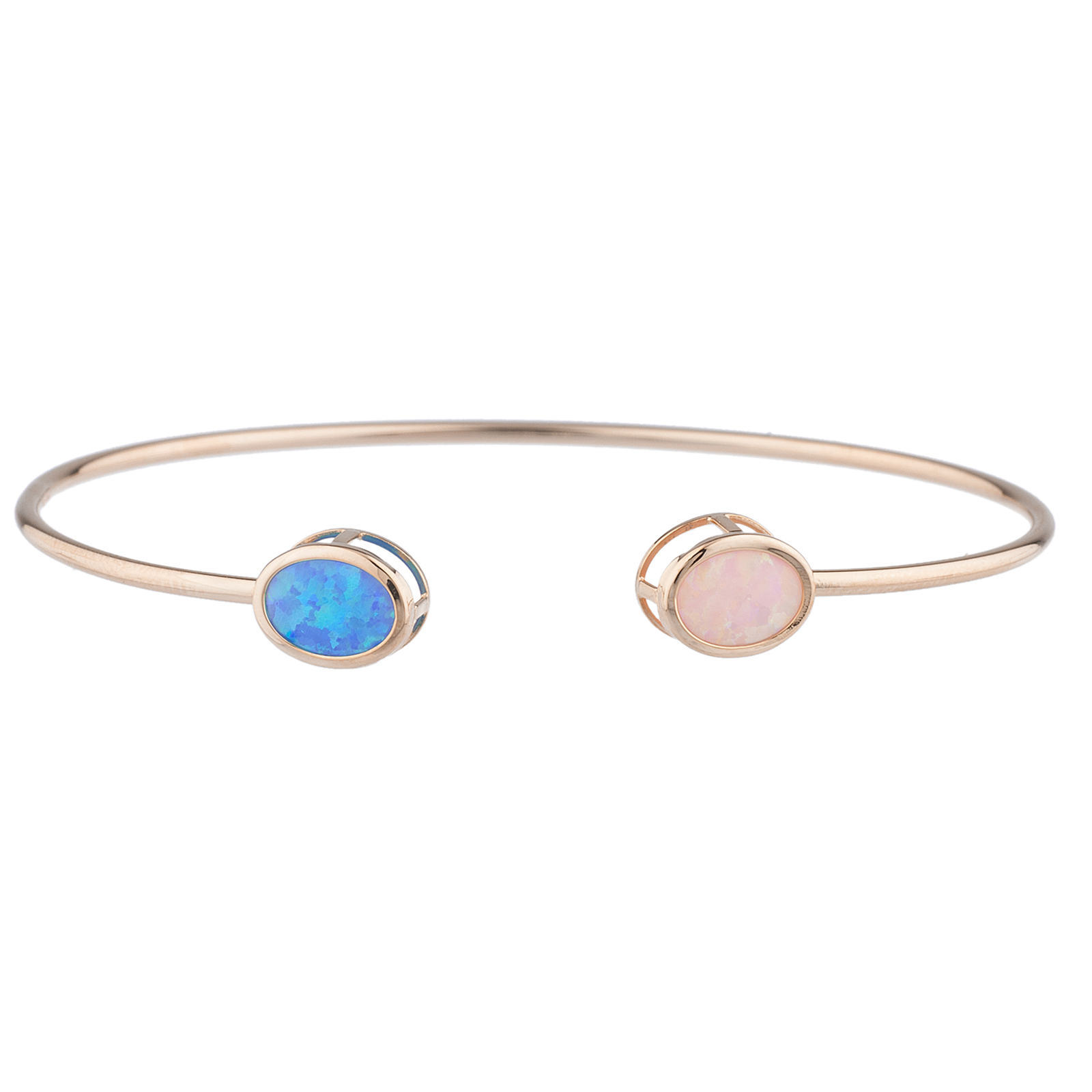 14Kt Gold Blue & Pink Opal Oval Bezel Bangle Bracelet