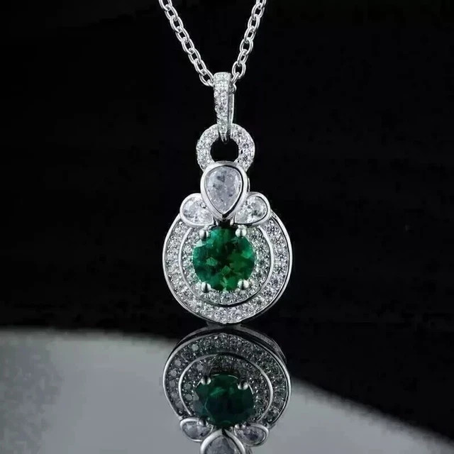 Women’s Beauty Pendant Chain Round Cut Simulated Emerald 14K White Gold Finish