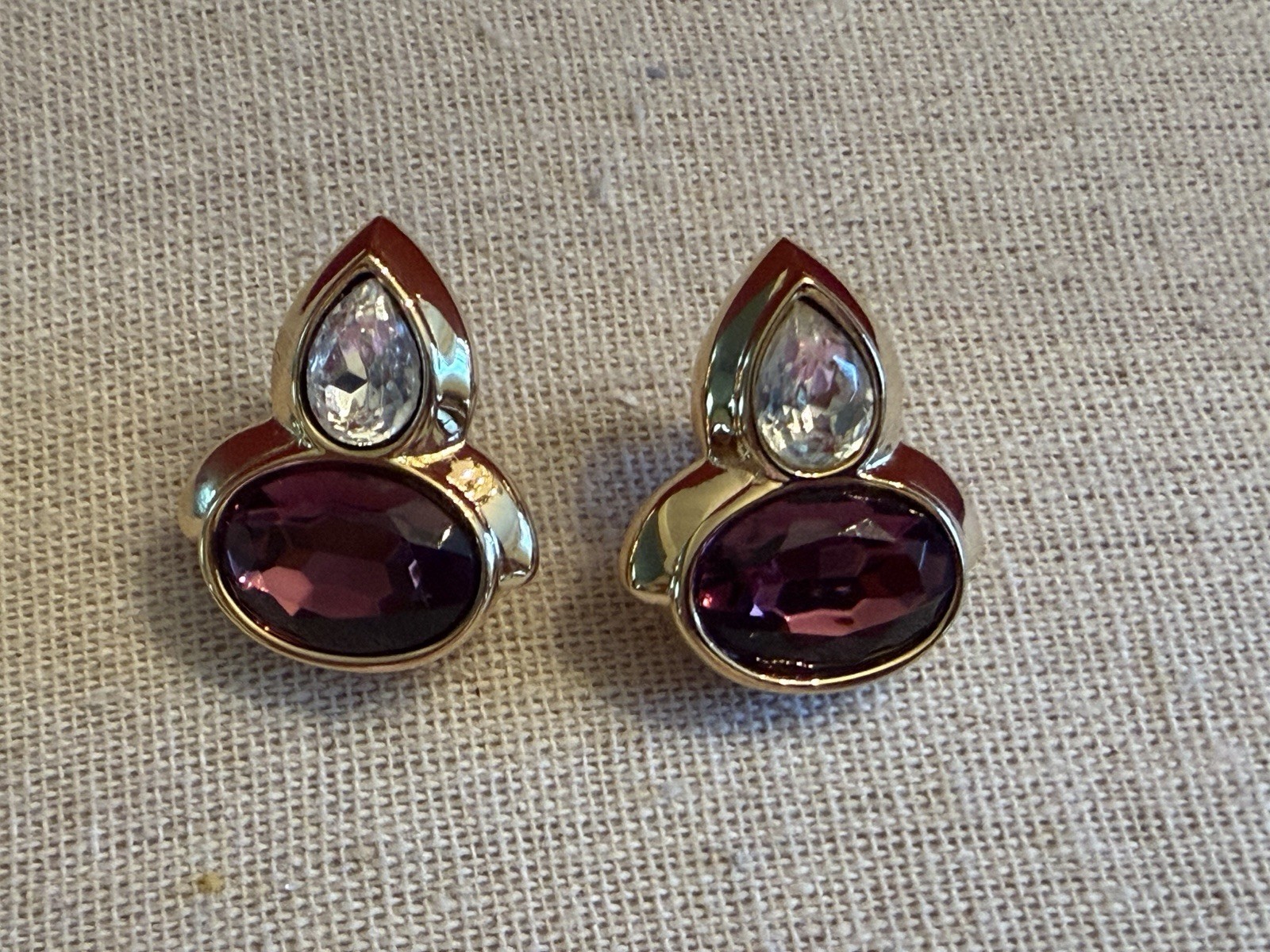 Monet Gold Tone Purple/ Clear Glass Teardrop Post Crystal Earrings BinR