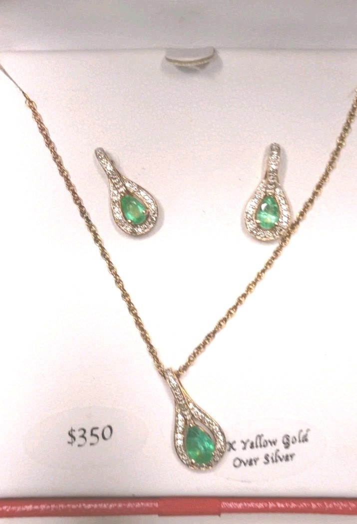 Necklace Earrings Set Bridge Gemstone Emerald 5/8 CT 14k Yellow Gold Over Silver