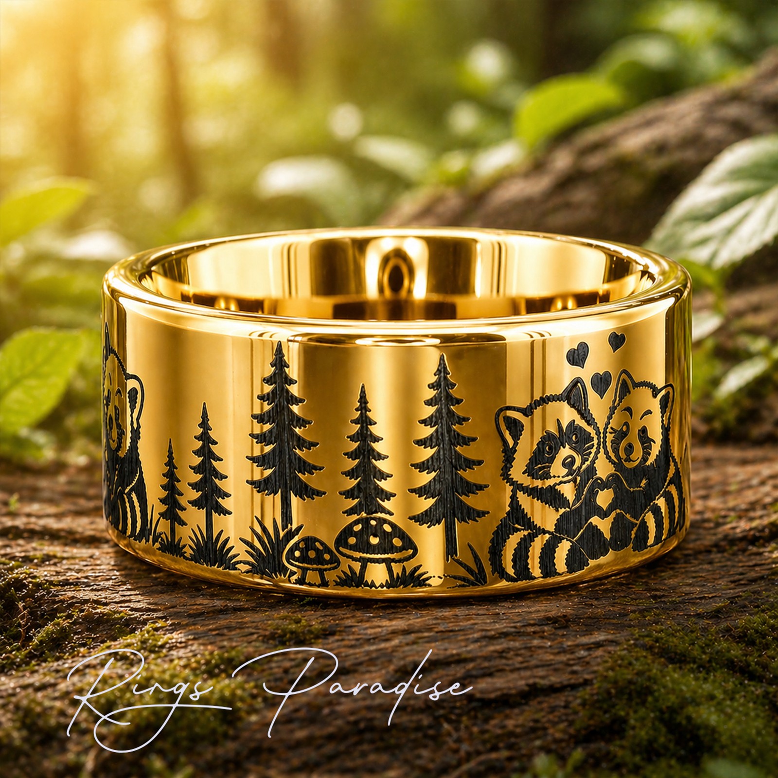 Raccoon and Red Panda Engraved Ring – Forest Animal Design – 8mm, 10mm,12mm