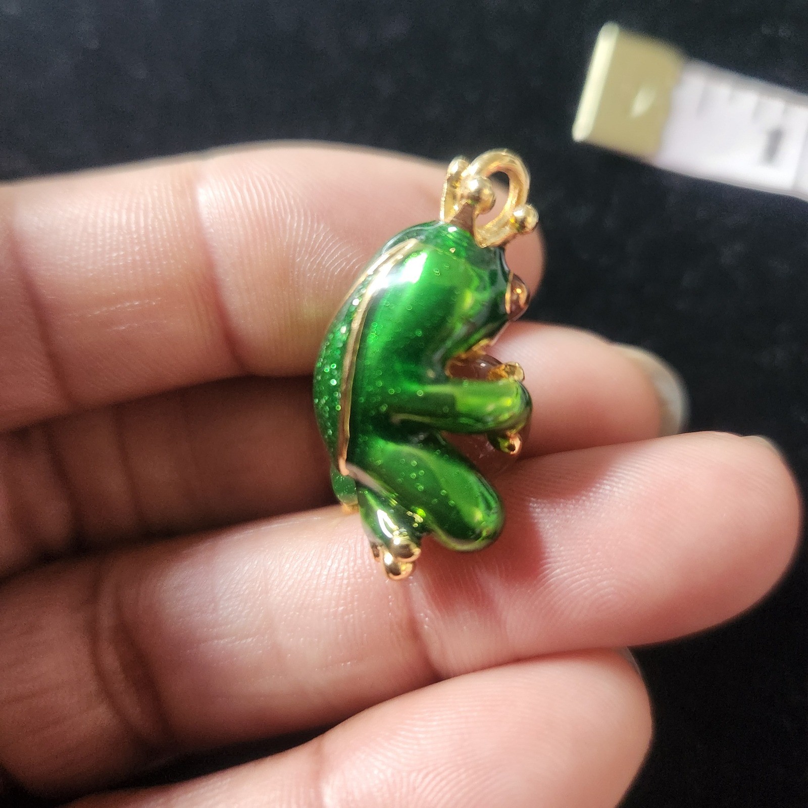 Green Enamel Frog Prince Pendant Gold Tone Iridescent Orb Charm Fairytale