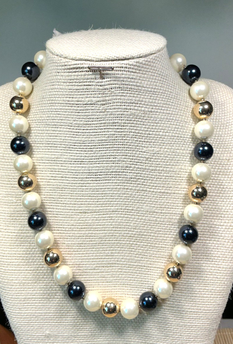 Charter Club Necklace white Black Faux Pearl Gold Tone Beaded Choker Lot 103C