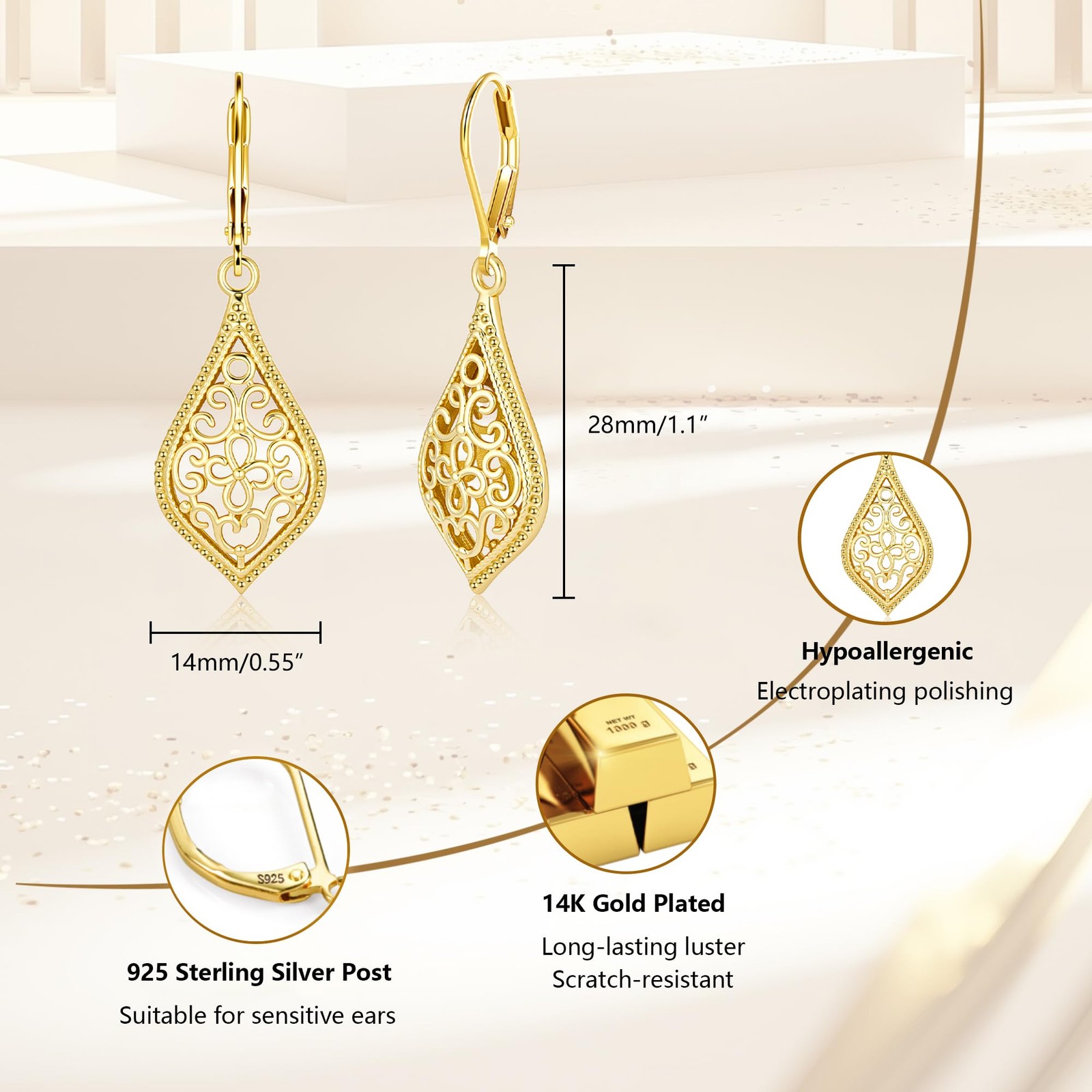 14K Gold Dangle Earrings for Women, Filigree Dangling Leverback Earrings, Gol…