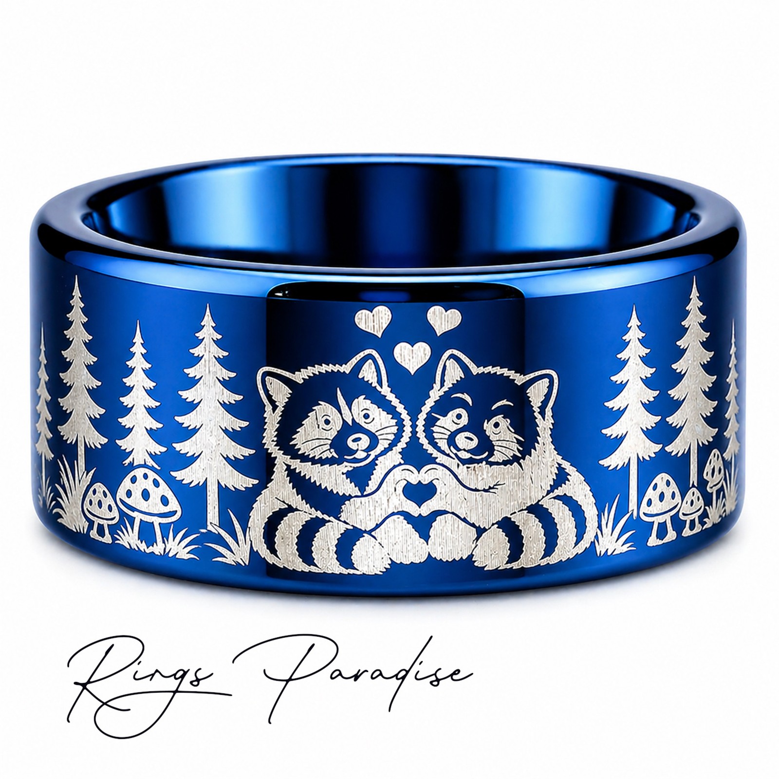 Raccoon and Red Panda Engraved Ring – Forest Animal Design – 8mm, 10mm,12mm