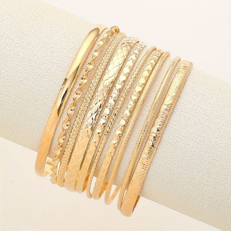 10 Bangle Golden Bracelets Stackable Adjustable Lot As Shown