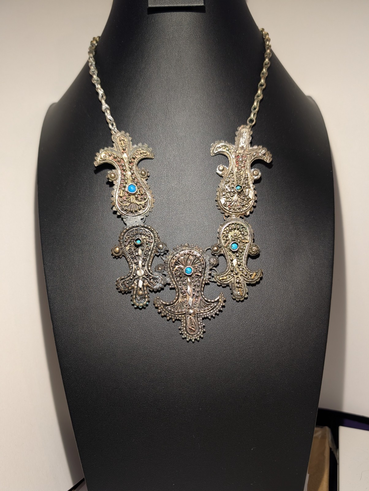 Vintage Middle Eastern Style Filigree Bib Necklace Blue Glass Cabochons