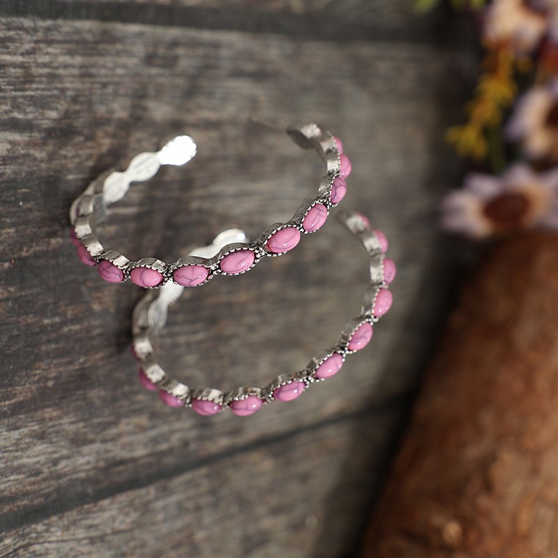 New Bohemian Pink Turquoise Circle C-Shaped Earrings