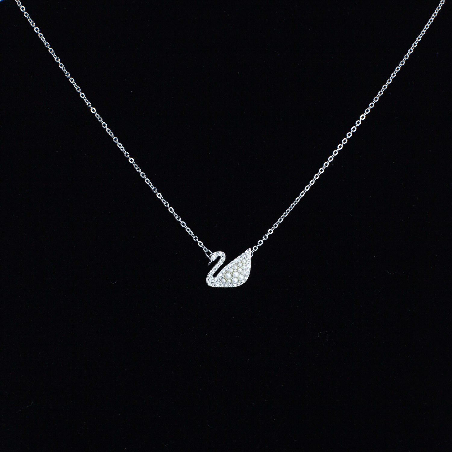 Swarovski Swan Necklace Crystal Pearl Silver Tone Chain 15” + Extender
