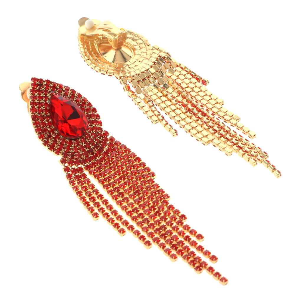 Gold Tone Metal Rhinestone Clip On Chain Dangle Earrings ER2571-RED