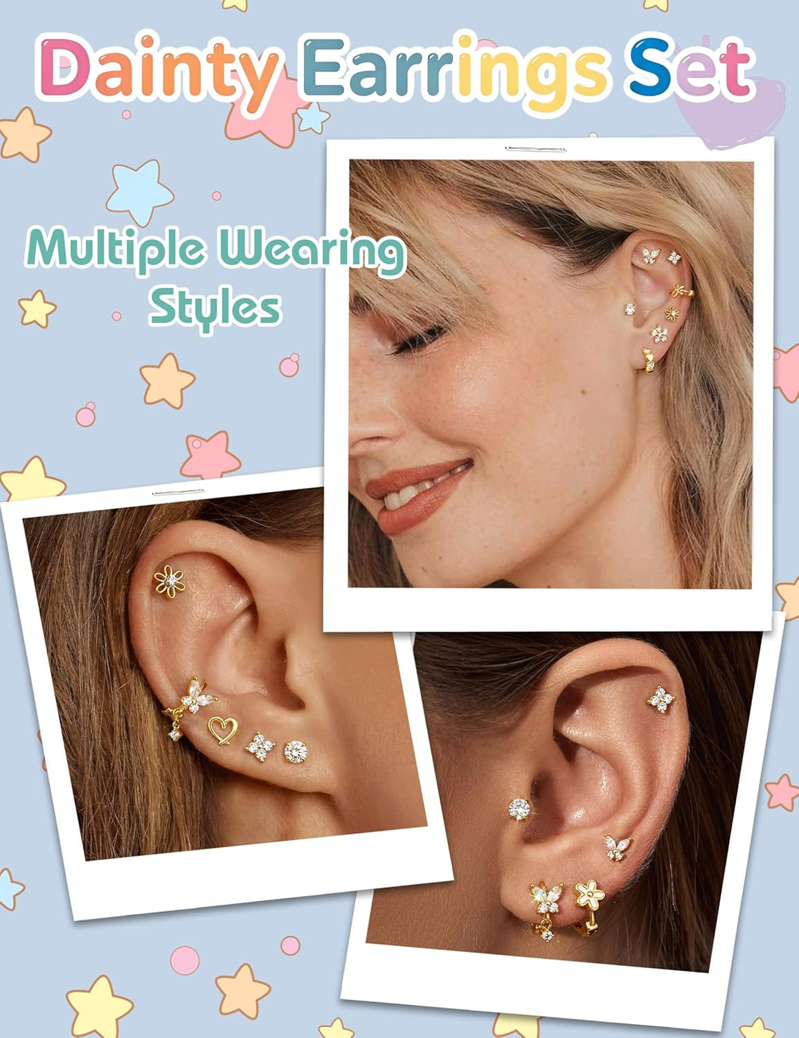 SAILIMUE Flat Back Earrings Set Girls 14K Gold Surgical Steel Stud Hoops