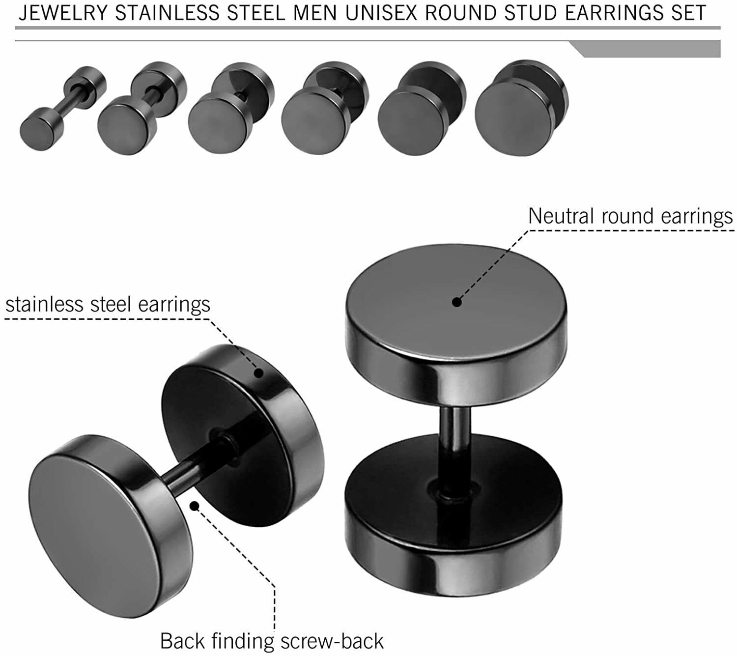 3MM-14MM Screw Stud Earrings for Men Women Steel Cheater Fake Ear Plugs Gauges