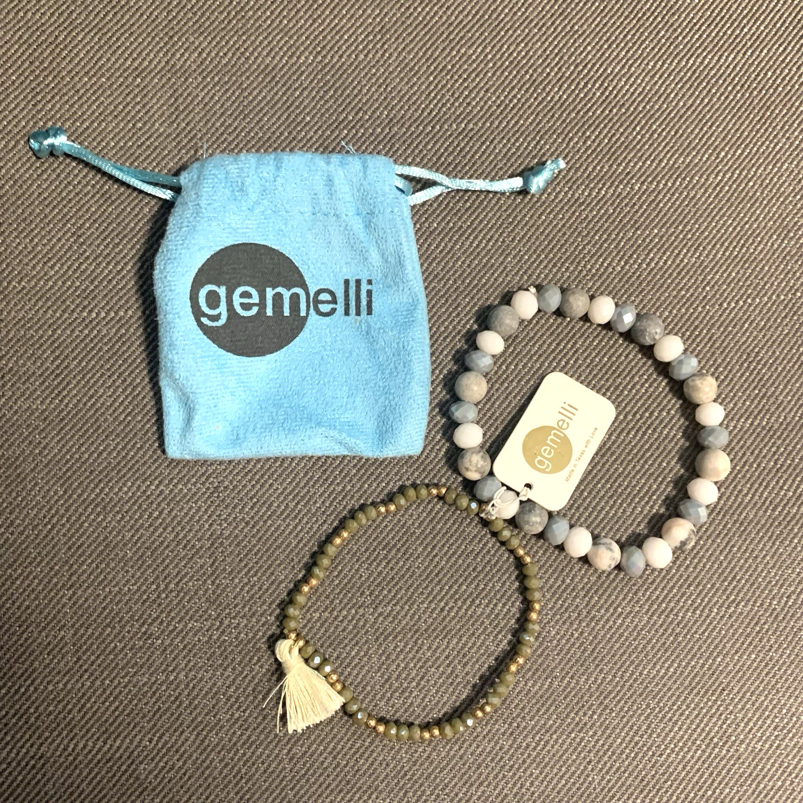 Gemelli Bracelet Set Stretch Stone Beaded Slip-On Cream Tassel Jade Green/Multi