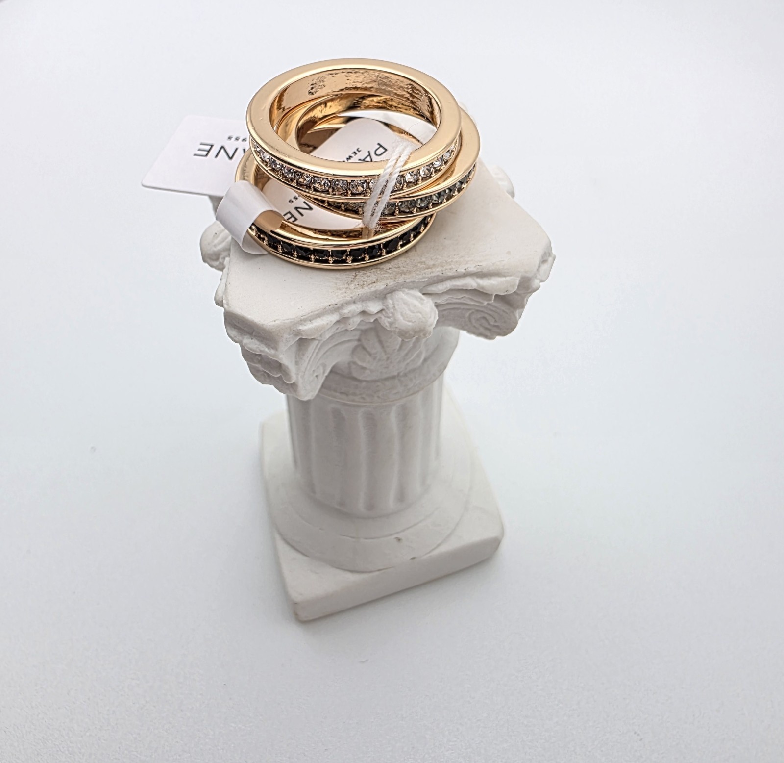 New! PARK LANE Rings ‘Paradigm’ Set Of 3 Stackable Gold Black & Gray Size 6 Box