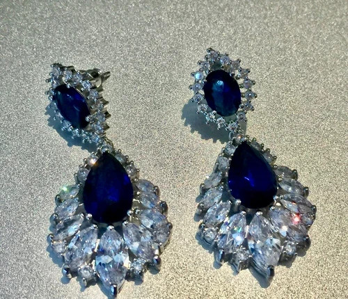 18k Platinum Plated Earrings Made Simulated Diamond Blue Marquise Stone