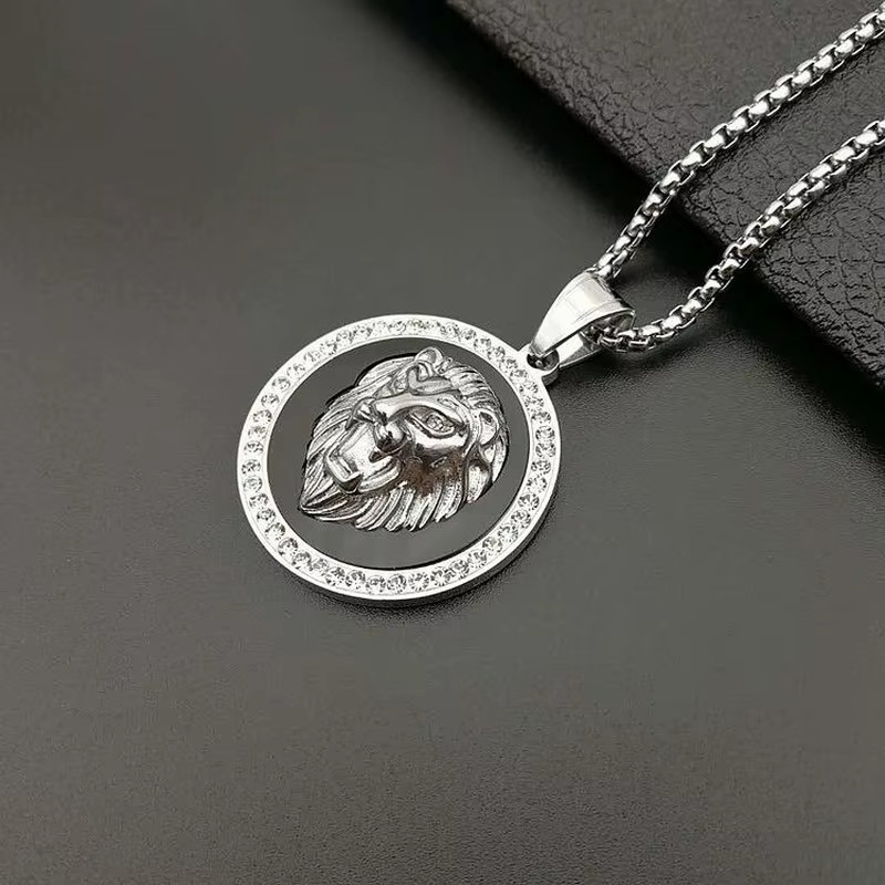 Gold Plated Lion Head Pendant Necklace Titanium Steel Hip Hop Jewelry for Men