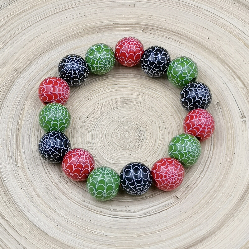 1PC Halloween Men’s Wooden Beads Bracelets with Spider Web 0.63″Large beads Men