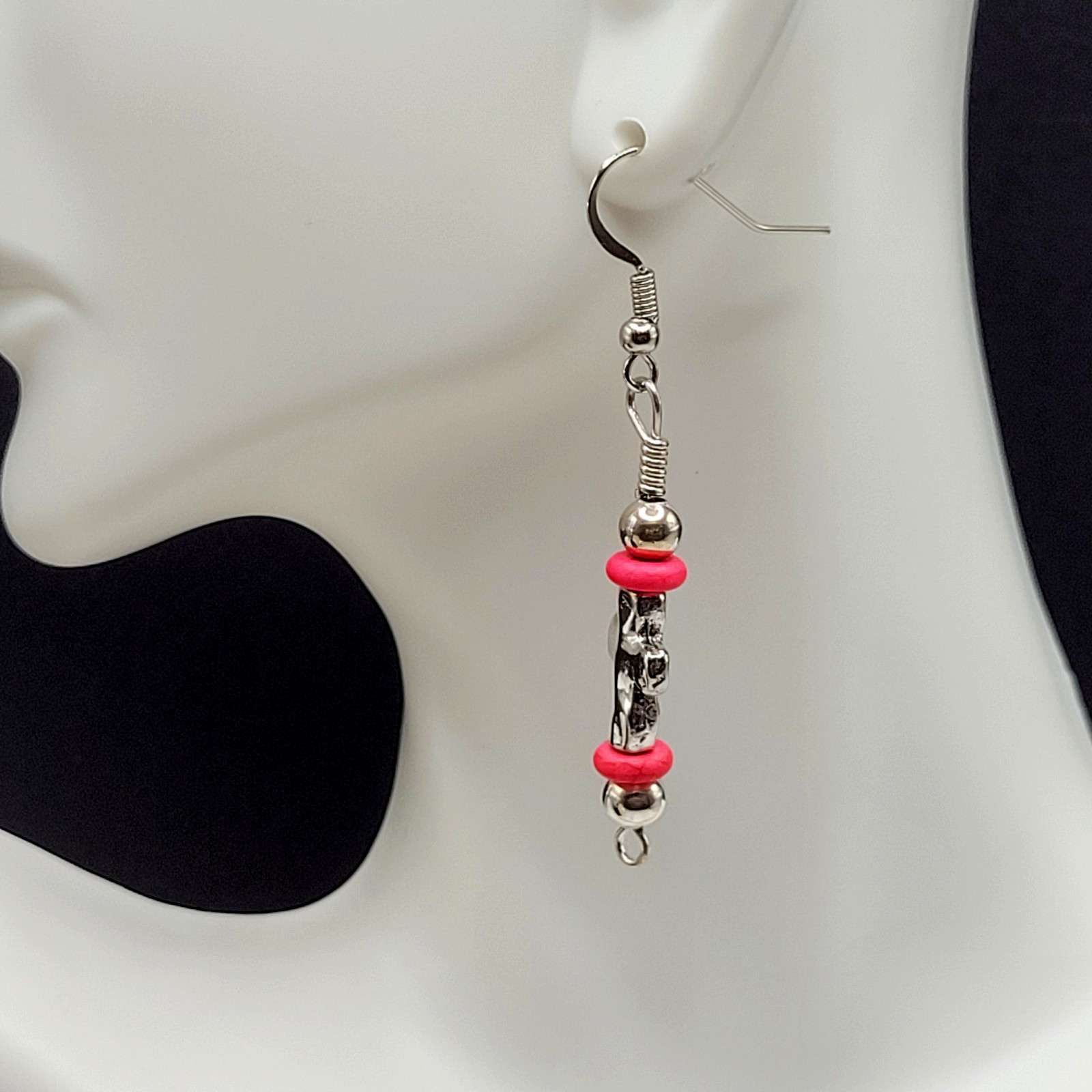 Southwestern Silver Tone Cross w Pink Ceramic Bead Metal Hook Pierced Earrings