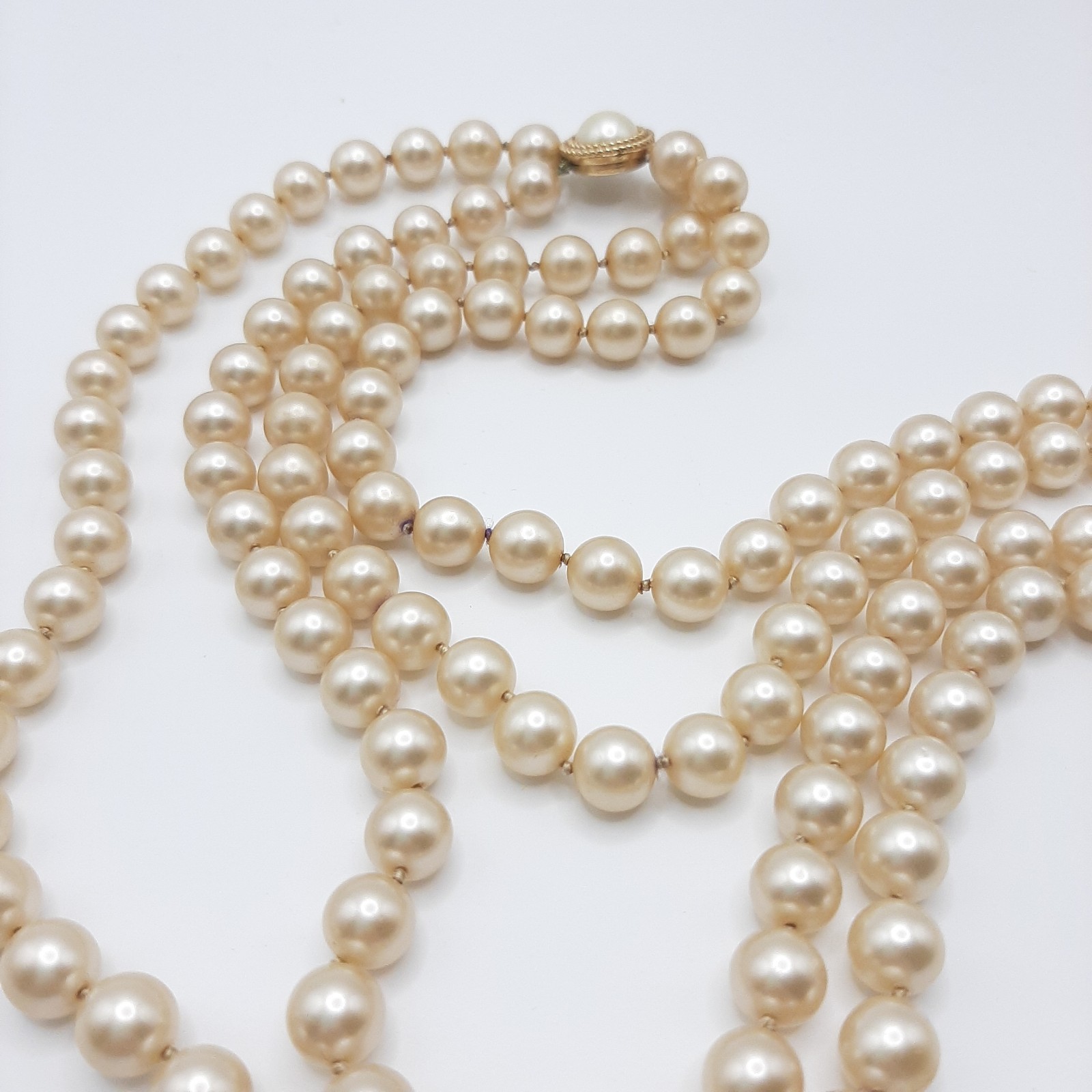 Crown Trifari Vintage MCM Multistrand Faux Ivory Pearl Necklace Cabochon Clasp