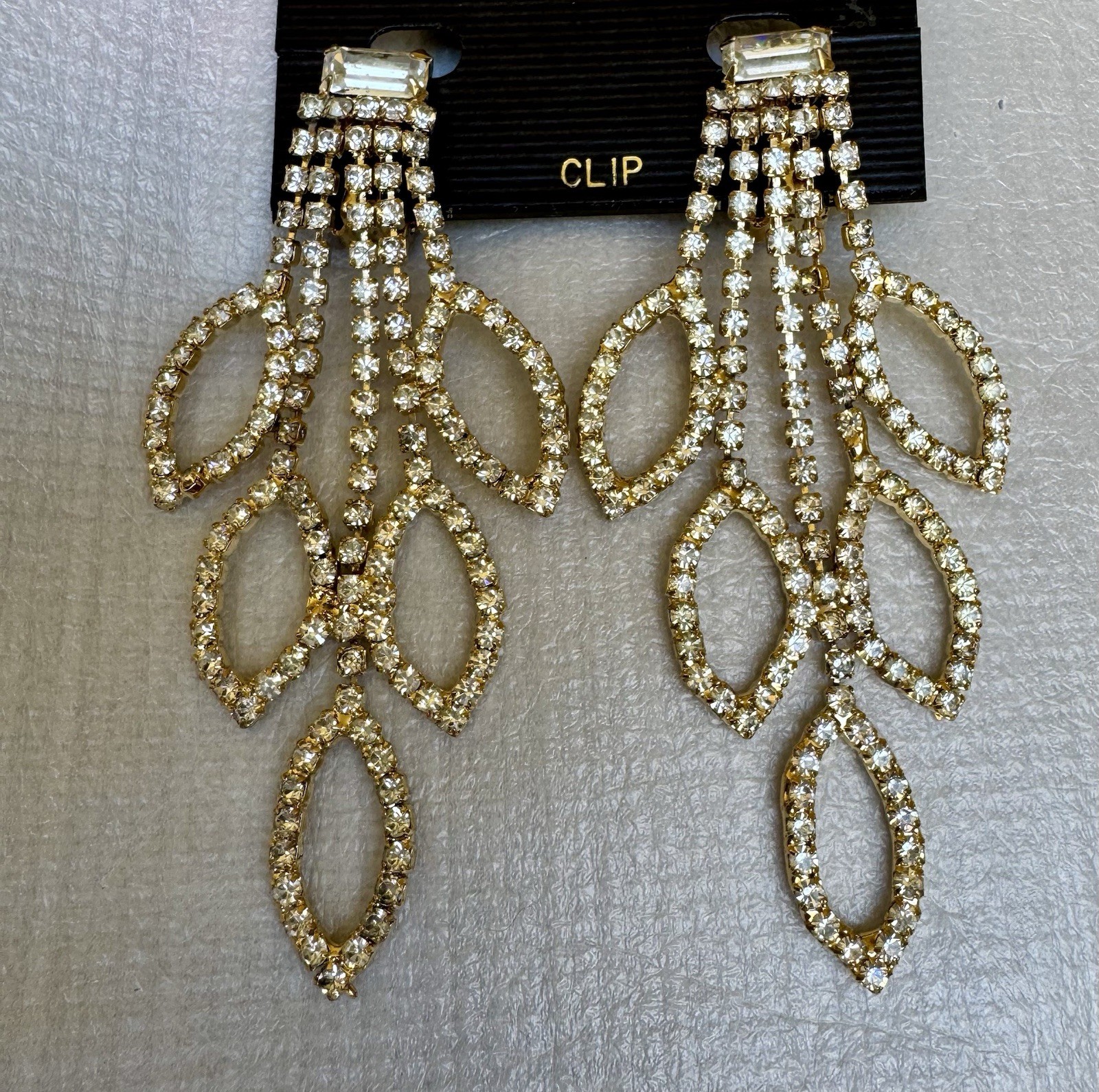 Vintage Rhinestone Chandelier Clip Earrings Bridal Prom NOS 1960s VTG Retro