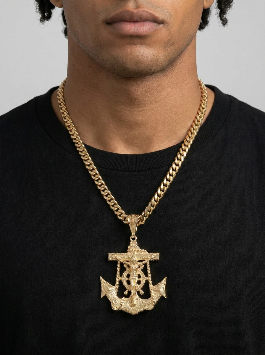 Large Gold Anchor Jesus Necklace 10mm Cuban Chain 14K Heavy Plated Gold