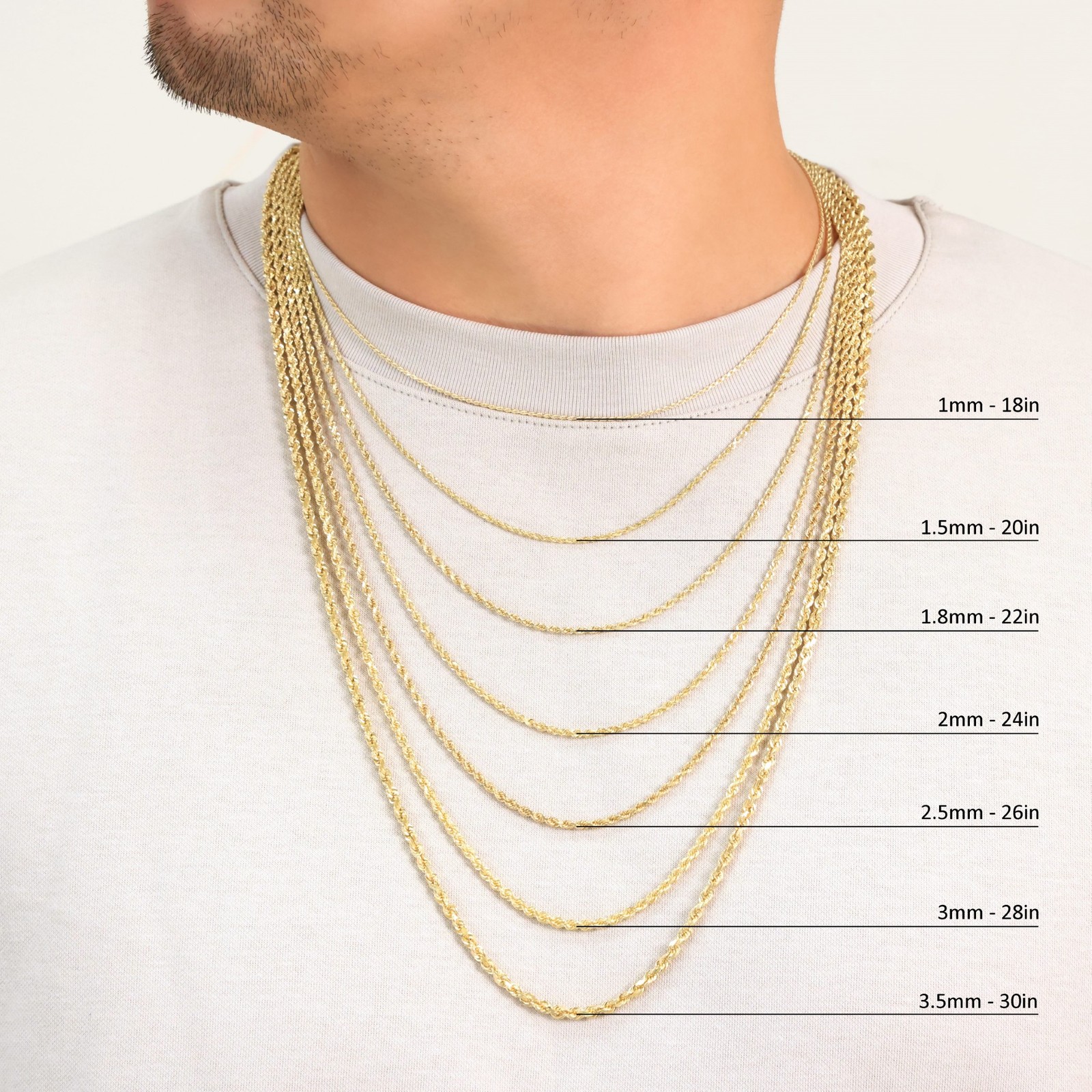 14K Yellow Gold 1mm-10mm Diamond Cut Rope Chain Necklace Mens Women 16″- 30″