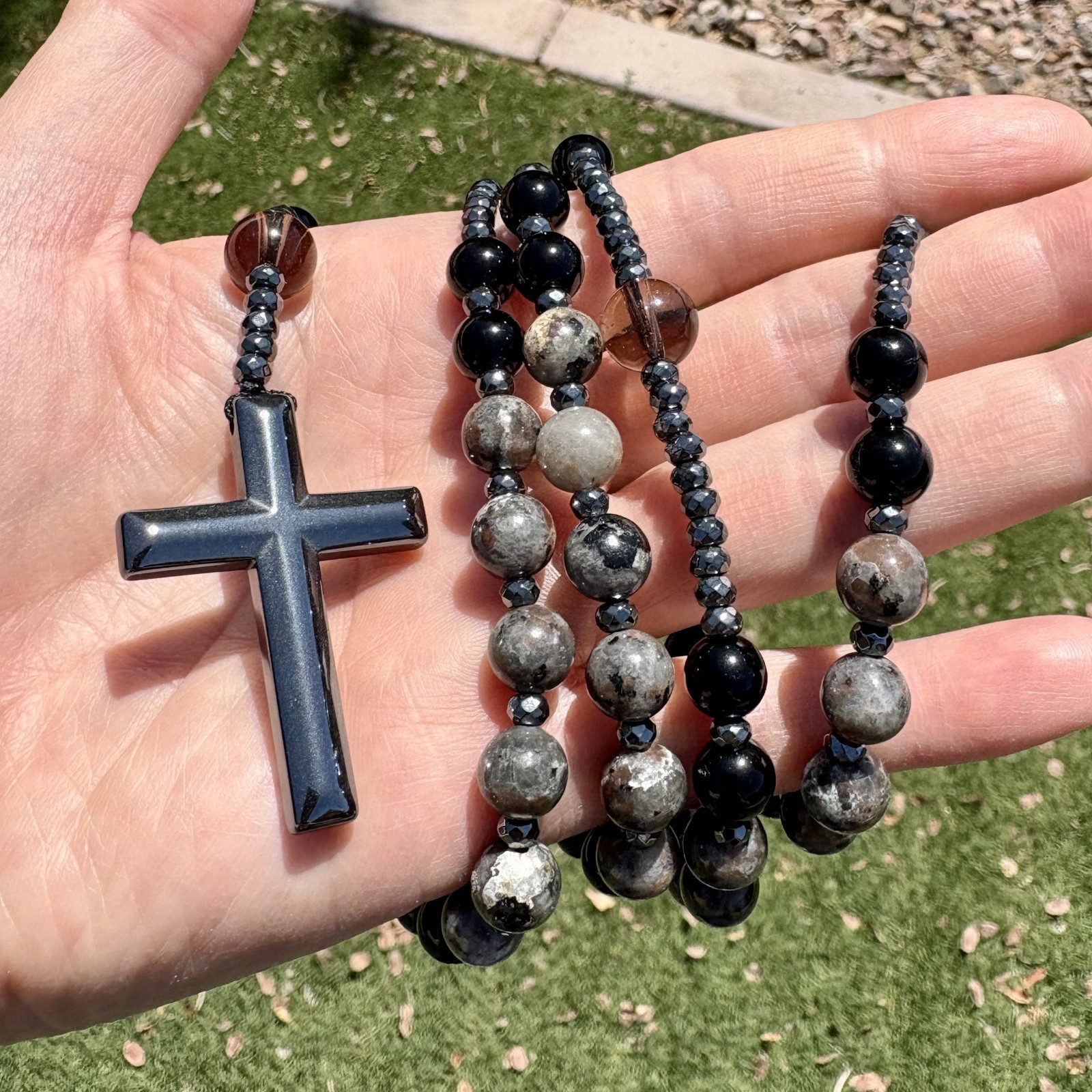 Yooperlite Black Onyx Smokey Quartz Bead Black Hematite Cross Rosary Necklace