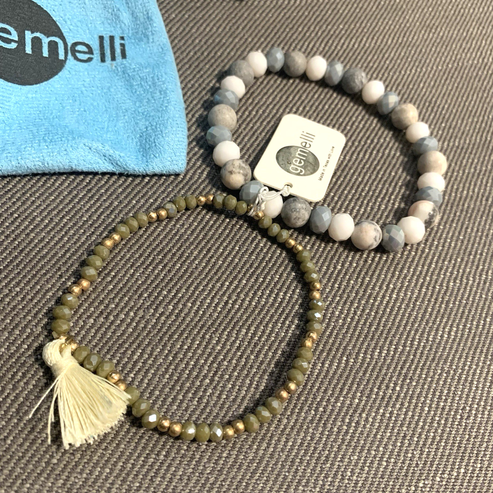 Gemelli Bracelet Set Stretch Stone Beaded Slip-On Cream Tassel Jade Green/Multi